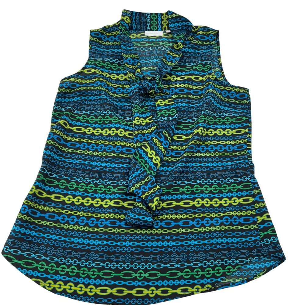 New York & Company Sleeveless Chain Print‎ Blouse With Ruffle Neck Women's Small